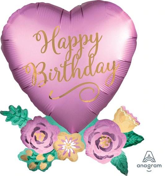 Happy Birthday Satin Heart with Flowers 23" x 30" - Lift balloons 